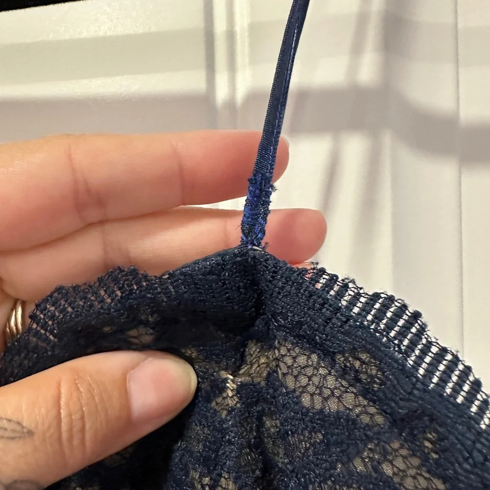 Vintage Rickie Freeman for T.J.Nites | nude lined navy lace mini dress | Size: 8 - Picture 8 of 11